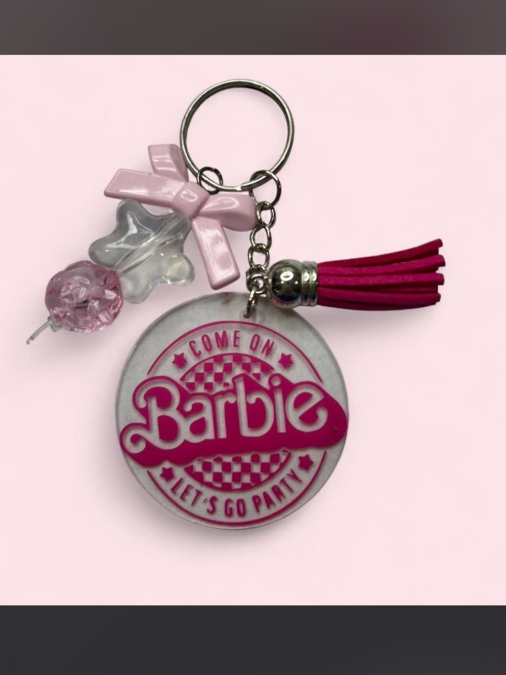 Barbie Hot Pink and Light Pink Logo Keychain with Tassel